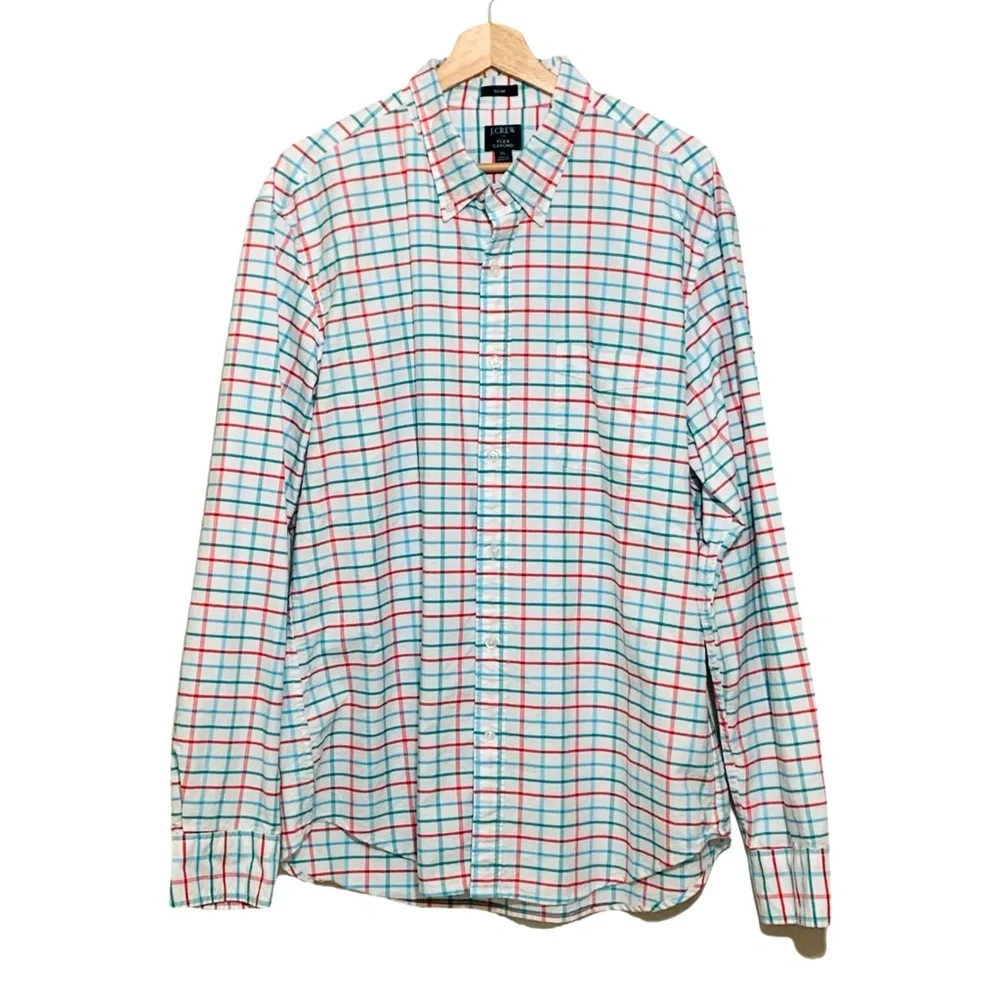 J. Crew Mens Flex Long Sleeve Oxford Checkered Button Up Shirt Size XL Slim Fit